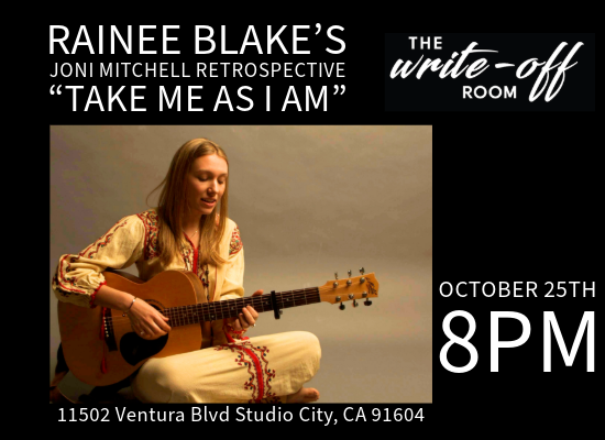 Singer songwriter Rainee Blake playing an acoustic guitar to promote a show in Los Angeles