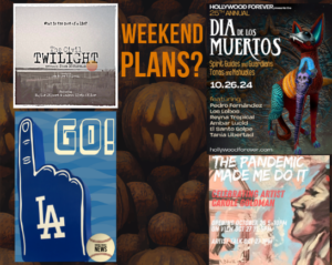 Poster with prairie landscape, a blue finger pointing upward, a baseball, a spirit guide and an painting of a woman's profile