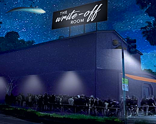 Image of music venue with line of people outside