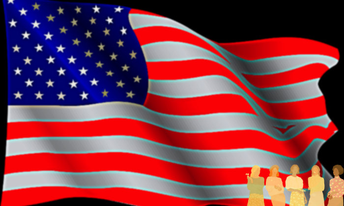 American flag with women standing in foreground