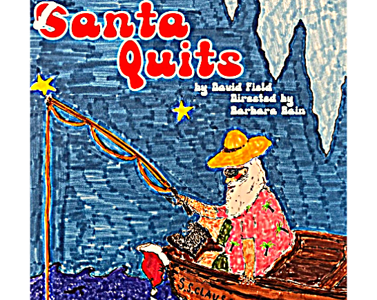 Man with white beard, red coat and straw hats hold fishing line in a row boat