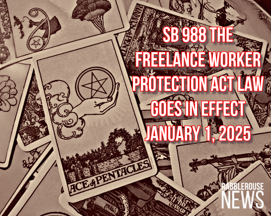 Ace of Pentacles Tarot card and Text about New CA 2025 Law to protect freelance workers