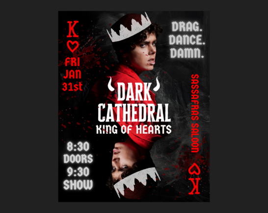 Christian Rock, Drag King wears a crown on a poster for a performance