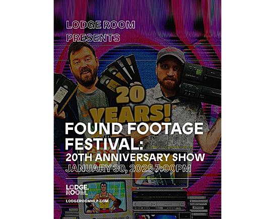 Man with a beard holds VHS tapes next to a man with a beard wearing a baseball cap who hold VCR players. Three tv screens are in the foreground playing found footage videos