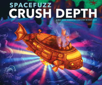 psychedelic vw bus submarine beneath the sea with sea creatures all around