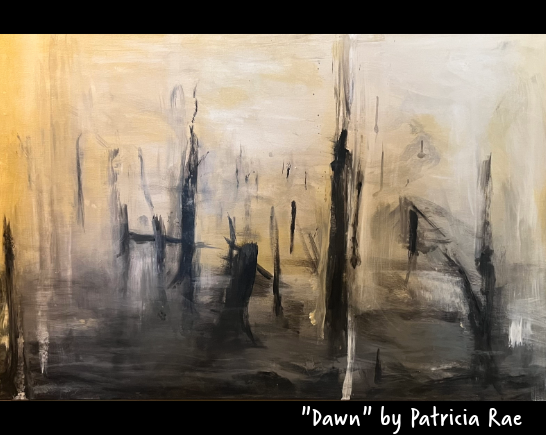 Painting of charred remains at dawn by Patricia Rae