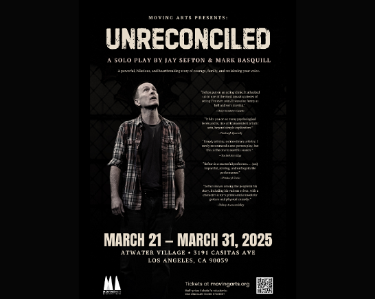 A man in a plaid shirt looks up as if talking to God - Poster for Play Unreconciled