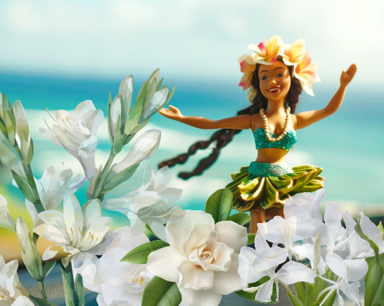 Hula girl doll dances in the sun surrounded by Tuberose, gardenia and white ginger flowers
