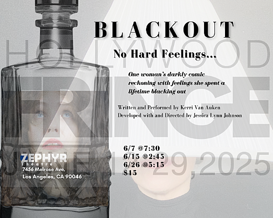 Poster for a play called 'Blackout' with a photo of a woman's face inside a bottle looking up