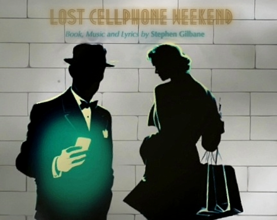 film noir themed silhouettes stare at cell phone screens in front of white brick wall.
