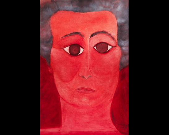 Painting of red face with Non-symmetrical eyes