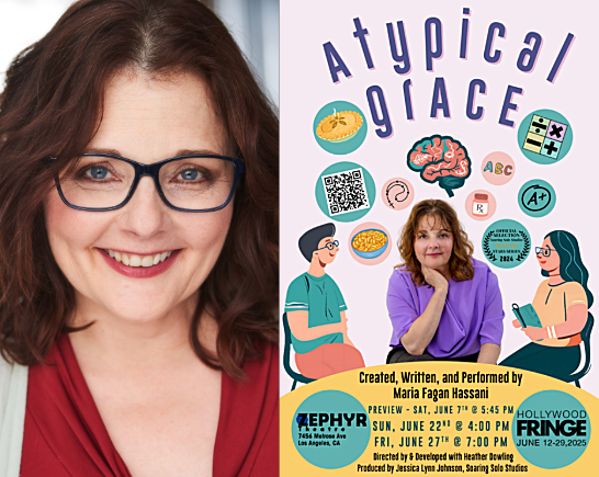 Image of smiling brunette woman with glasses next to a poster with a teacher and 2 students