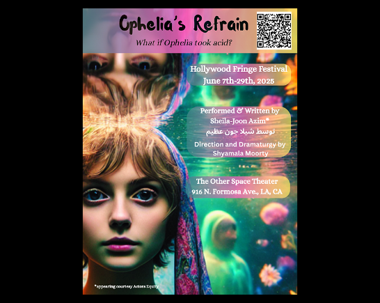 Image of a blonde girl with bangs and blue eyes in front of psychedelic images in the background
