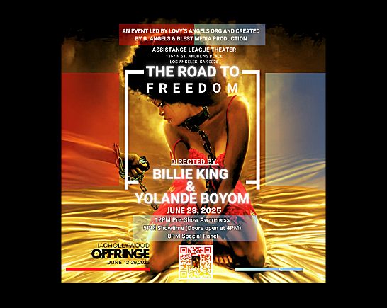 a woman kneels with shackles on her wrists as she rises up to freedom in Yolande Boyom's Play The Road to Freedom