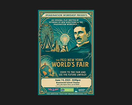 Poster for play about 1922 World Fair. A man with dark hair and moustache holds a lightbulb, there is a ferris wheel in the background
