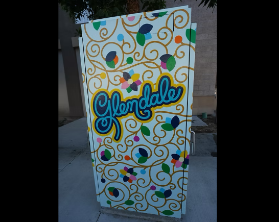 Electrical box painted with flowers and the name GLENDALE