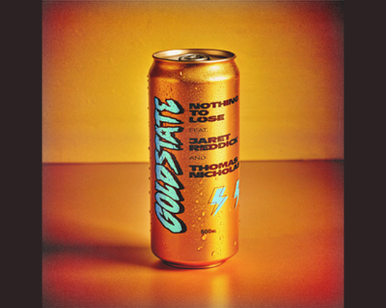 Orange can of energy drink with teal blue writing GOLDSTATE