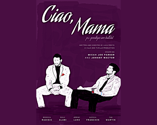 Two men in suit and tie with purple background as they sit at a funeral in film poster for Ciao Mama