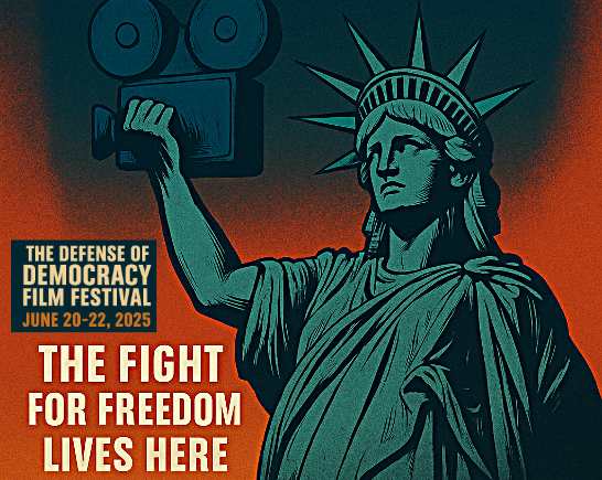 Statue of Liberty lifts a film camera up instead of torch