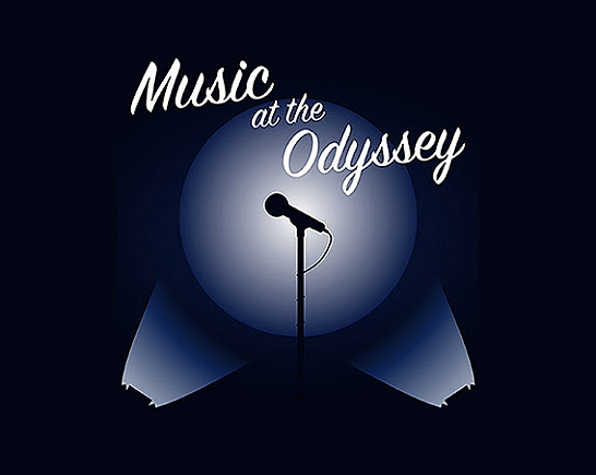 Microphone in a blue spotlight for Music at the Odyssey ad