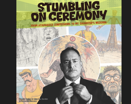 A man in a suit straightens his tie with cartoon characters in the background