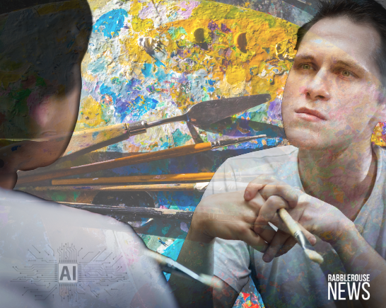 a man with dark hair, holds a paintbrush staring at the AI version of himself. A palate with multicolored paints are in the background