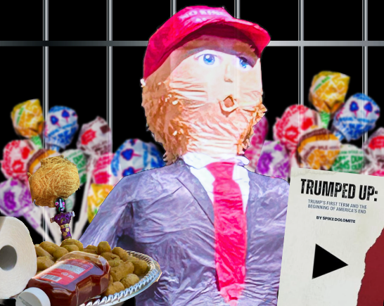 pinata with a red hat, blue suit and red tie holds a silver platter of snacks with lollipop party favors in the background