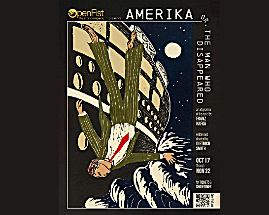 art deco style poster with man in suit falling upside down, diving from an ocean liner into a black sea.
