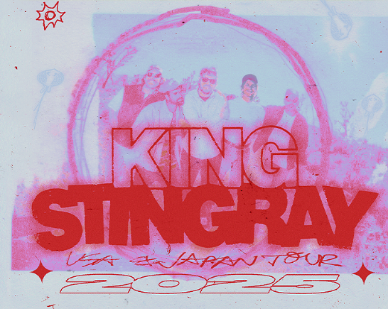 Red lettering that says KING STINGRAY with five musicians standing behind the letters while within an etched red circle