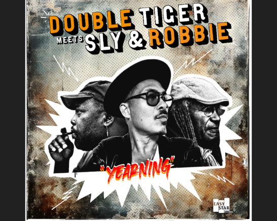 Three reggae musicians from the band Double Tiger pose in the center of frame looking opposite directions - Cover art for Double Tiger Meet Sly & Robbie Single YEARNING