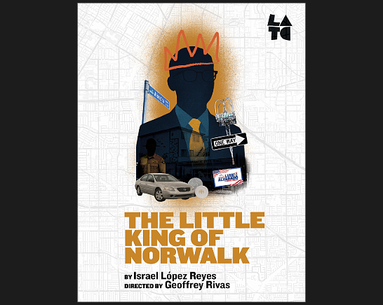 A black silhouette of a man wearing a suit with a gold tie and crown over the white and grey background of a map of the city of Norwalk, CA