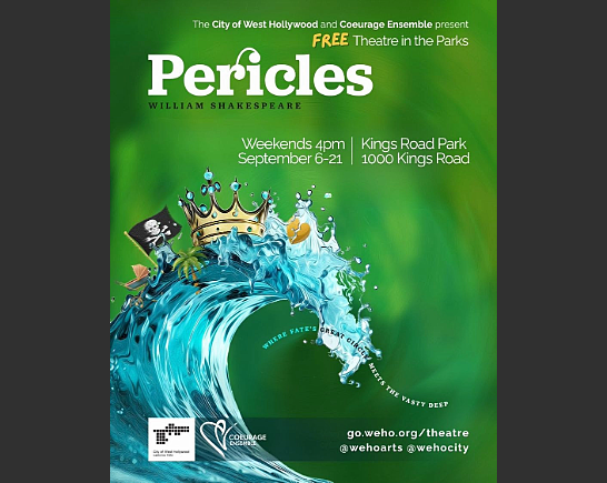 a baby carriage, a pirate flag, a crown and a broken yellow heart crest a blue wave before a green background. "Where fate's great circle..." poster for Pericles at Free Theatre in the Park in West Hollywood