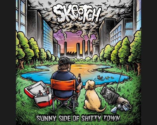 Animation image of man wearing ball cap sitting on a red lawn chair by a urban pond. A red cooler full of bear, a golden dog and a boom box rest near him.