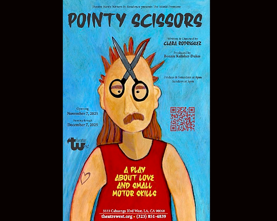 A person in a red tank top wears scissors on their face on a poster for the play POINTY SCISSORS