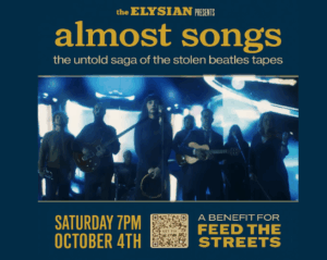an image of a band playing on stage in high contrast lighting advertising the play almost songs