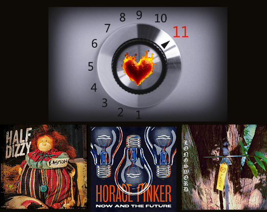A stereo volume nob turned to 11 with a flaming heart at the center of the dial. 3 album covers are below the nob