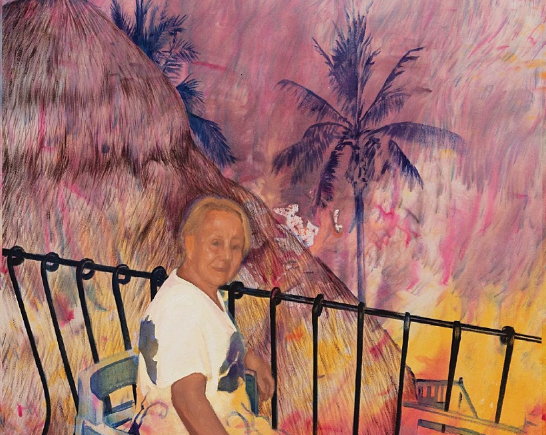 Painting of a woman on a chair on a balcony with an iron rail. She turns her face to look over her shoulder. Mountains and palm trees are in the background tinted rouge.