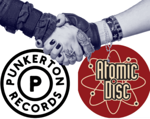Handshake with logos for Punkerton Records and Atomic Disc