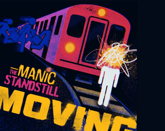 an abstract figure stands on the tracks in front of a subway train car as blue abstract people rush to board the train