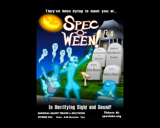 Halloween poster with ghosts, graveyard, a jack-o-lantern and haunted house