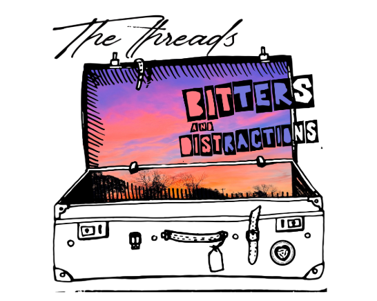 Drawing of open box suitcase with a sunset scene on the open lid for the band Bitters and Distraction's song The Threads