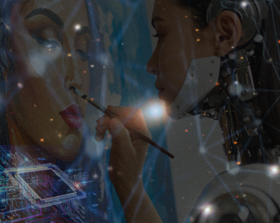 A dreamy image of a half human half robot woman who is painting a woman's face. There is an AI component passing through digital webbing and in the background is a 2A deep image of interstellar Comet 3I/ATLAS captured by the Gemini Multi-Object Spectrograph (GMOS) on Gemini South at Cerro Pachón in Chile