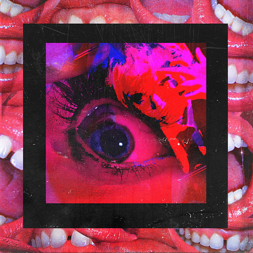 A black square frame around a blue eye. It's hue is red and the frame is surrounded by a collage of red lips and white teeth