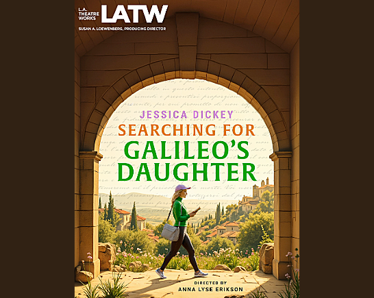 A young girl with long golden hair wears a baseball cap as she walks through an archway with the Italian Tuscany countryside in the background. She carries a blue side bag and holds a book out in front of her reading as she walk. Opaquely written in script across the image is a letter from Gallileo's daughter.