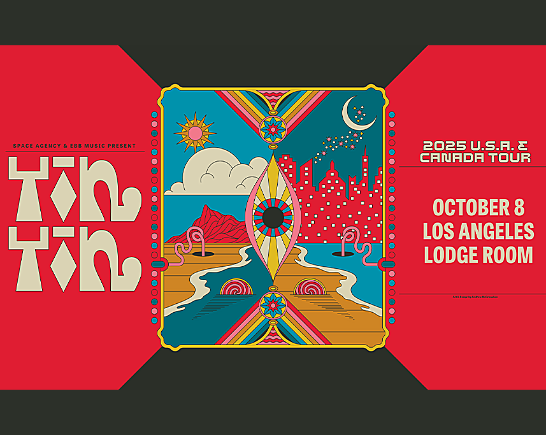 Red, black, blue and gold Psychedelic poster for the Dutch Band Yin Yin show at Lodge Room in Los Angeles