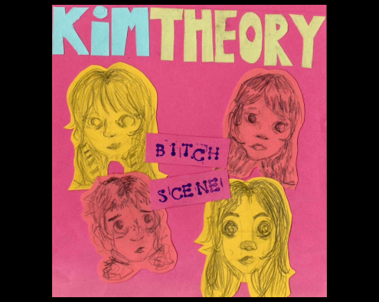 Pencil sketches of four girls faces over a pink background. Album cover for punk rock band Kim Theory