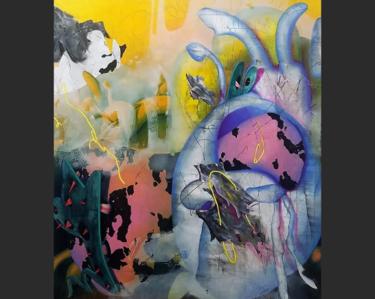 Abstract painting with yellows, grays and pink shapes by artist Kaye Freeman
