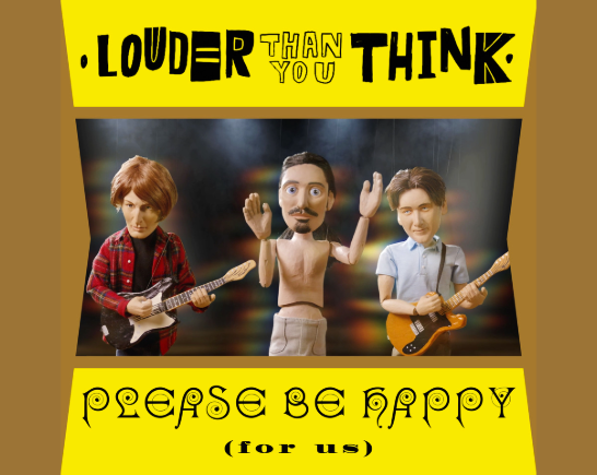 An album cover with three marionette puppets. One plays guitar and wears a red plaid shirt, the man in the middle has long brown hair and a goatee, he wears no shirt and beige pants. The third marionette musician has brown hair and plays a orange guitar and wears a light blue polo shirt.