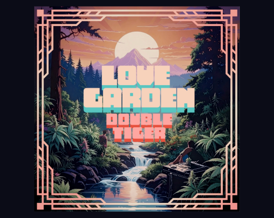 A serene garden setting, a river flows surrounded by a forest of hemp plants, purple mountains in the background beneath a full moon. Album cover for Double Tiger's single Love Garden