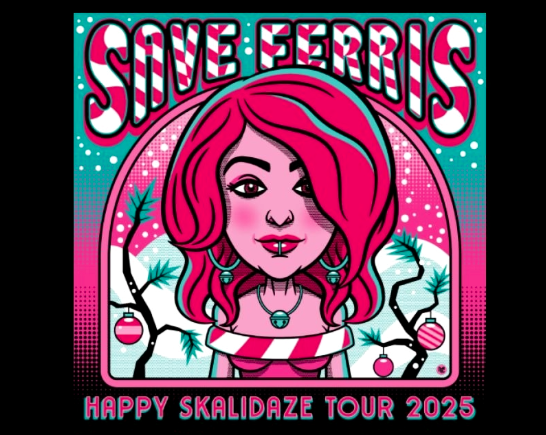 The words SAVE FERRIS in candy striped letters arch above A girl with fuscia colored hair surrounded by pink and green holiday decorations
